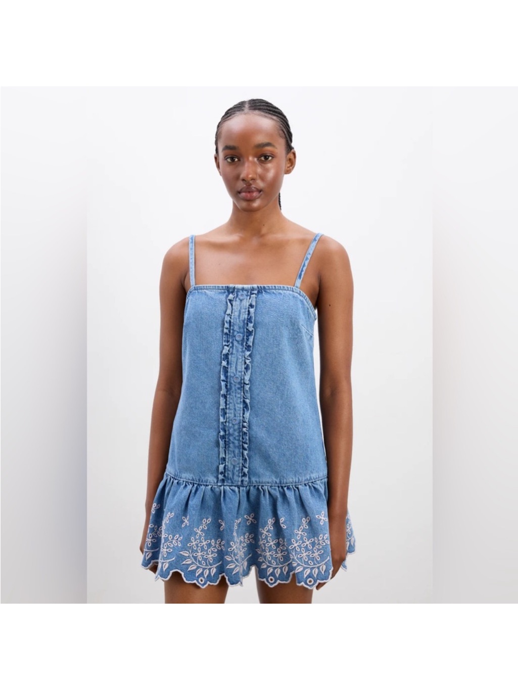 Damson Madder Lana Mini Dress Size 8 Denim Drop Waist Embroidered Ruffle Trim